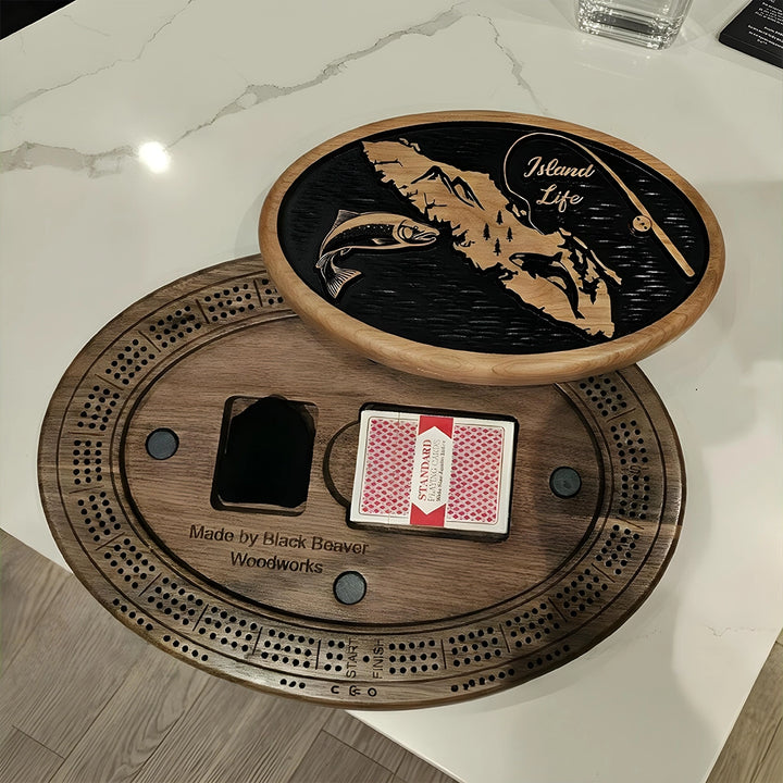 Vancouver island crib board , fish, fishing rod, orca
