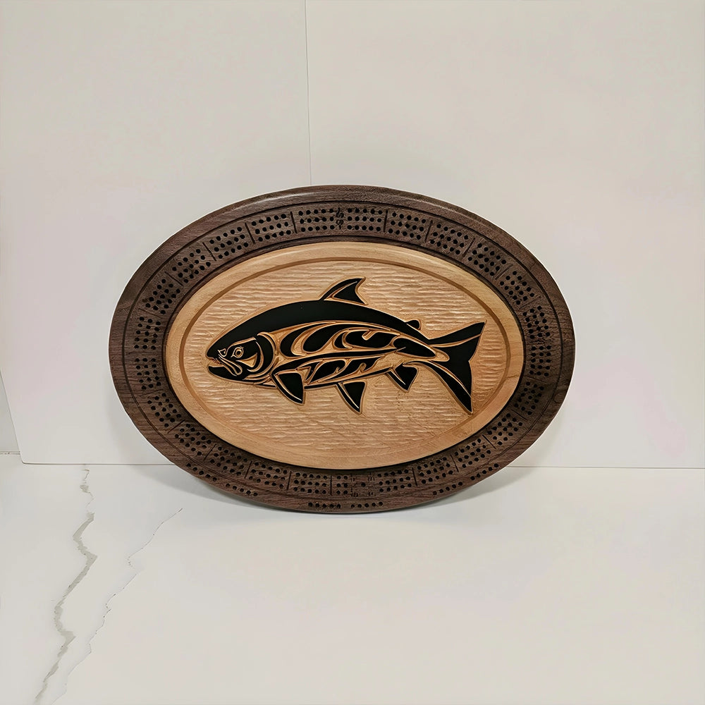 Native Salmon Cribbage Board Handcrafted Wood Game with Indigenous Art & Magnetic Card Storage