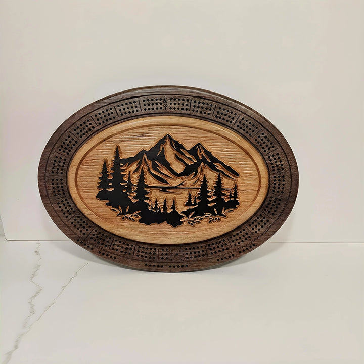 Handmade Mountain Scene Wood Cribbage Board with Card Storage