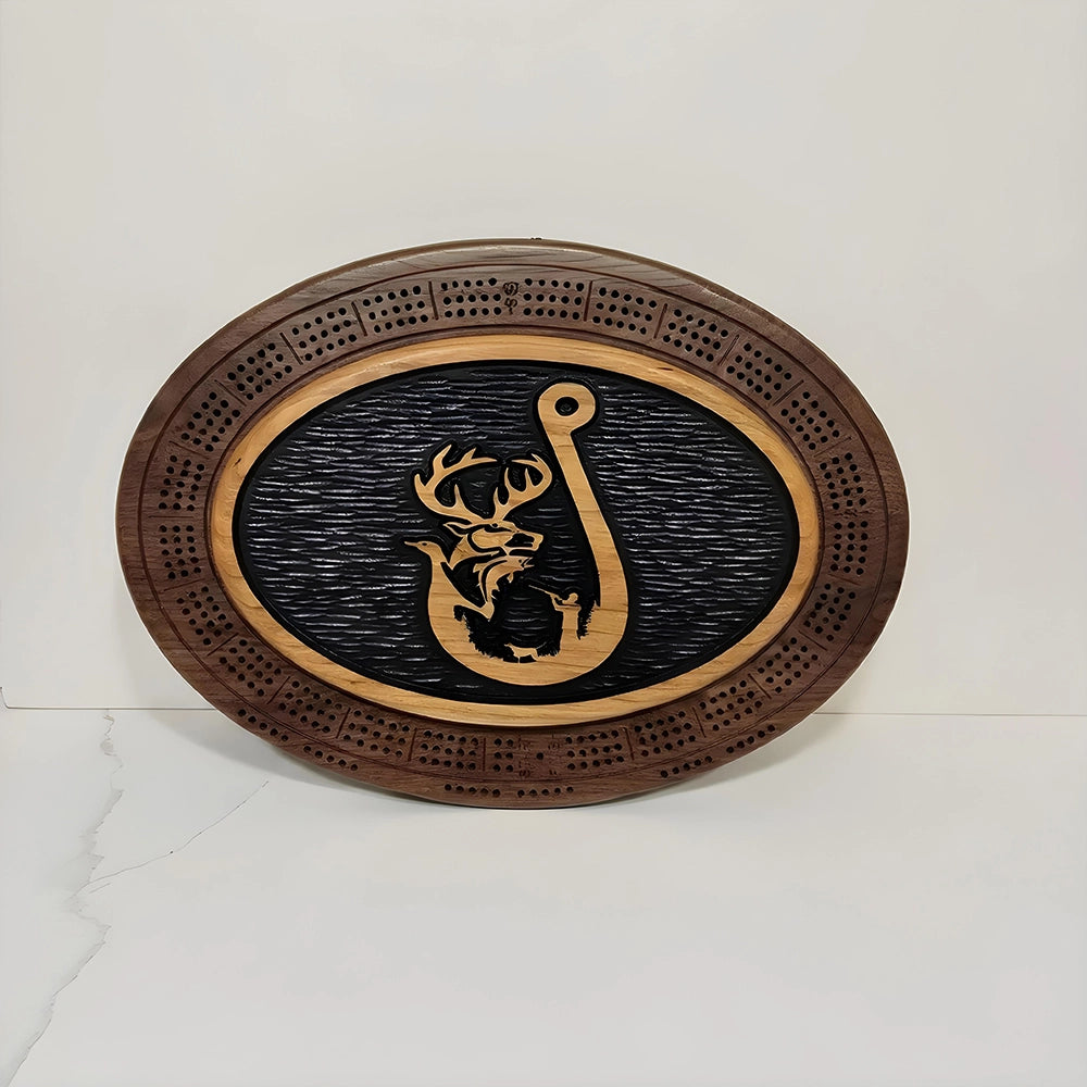 Handcrafted Fishing Hook Cribbage Board Wildlife Engraved Wood Game
