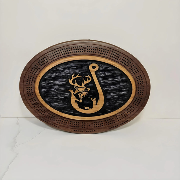 Handcrafted Fishing Hook Cribbage Board Wildlife Engraved Wood Game