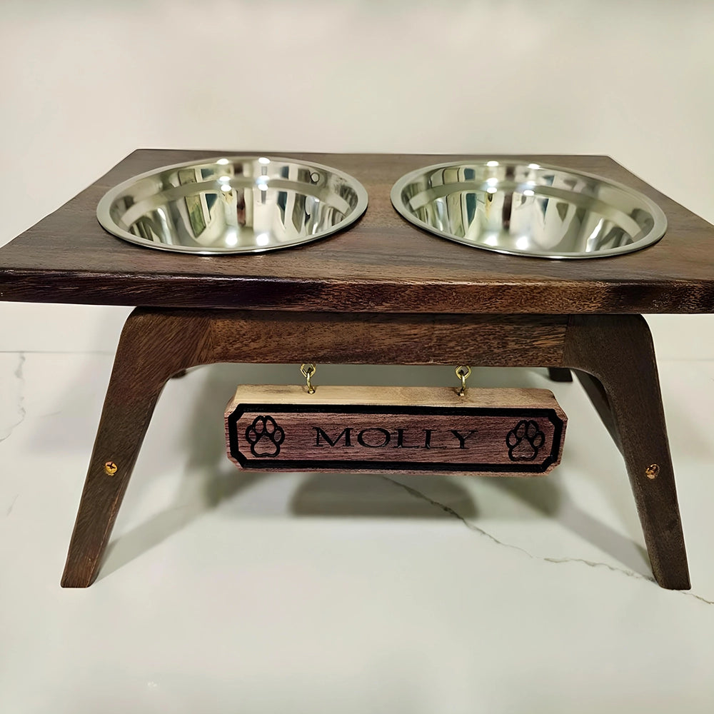 Walnut Dog Bowl Feeder Stand with Stainless Bowls