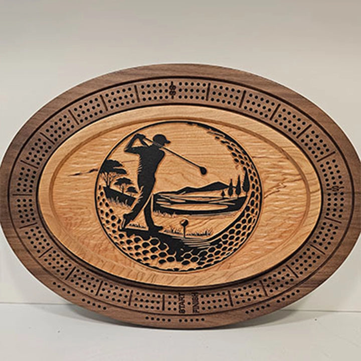 Golf Cribbage Board & Mountain Plaque  Handcrafted Wood Game Set with Golfer Engraving, Card Storage