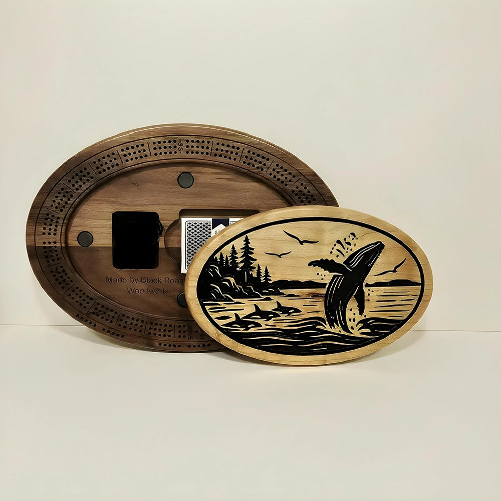 Humpback Whale & Orca Cribbage Board – Wildlife Engraved Handcrafted Wood Game