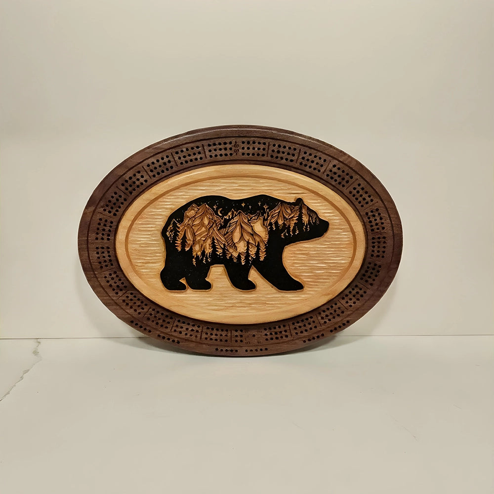 Handmade Walnut Bear Cribbage Board - Rustic Landscape Plaque