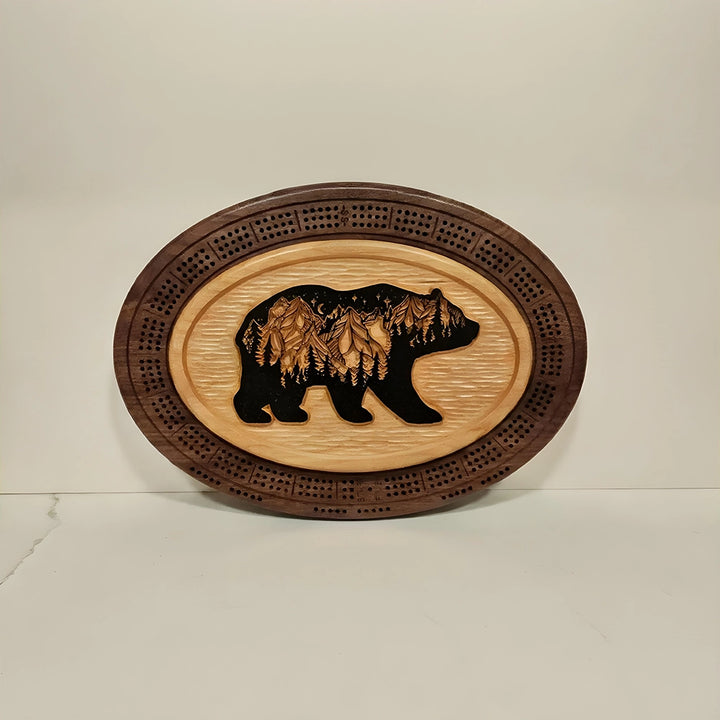 Handmade Walnut Bear Cribbage Board - Rustic Landscape Plaque