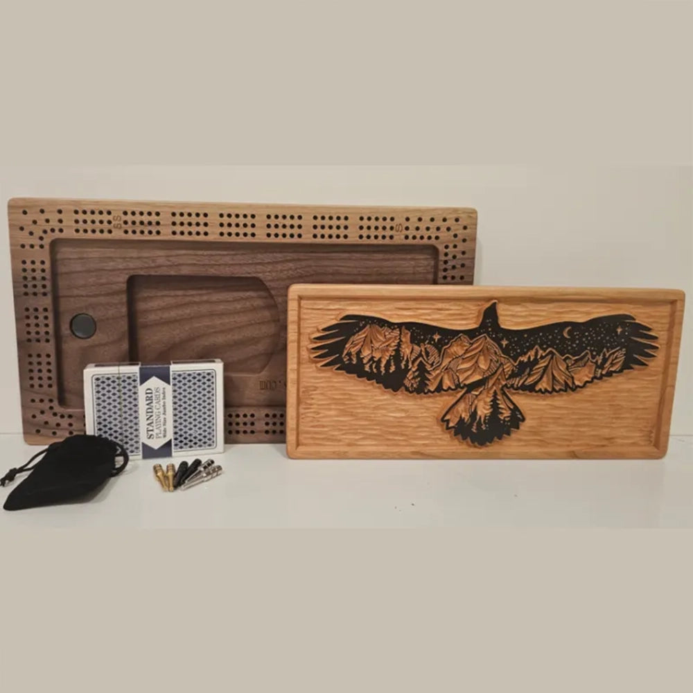 Eagle Cribbage Board – Handcrafted Wood Game with Mountain Landscape & Peg/Card Storage