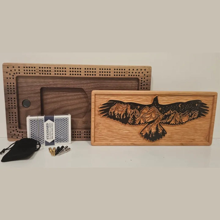 Eagle Cribbage Board – Handcrafted Wood Game with Mountain Landscape & Peg/Card Storage