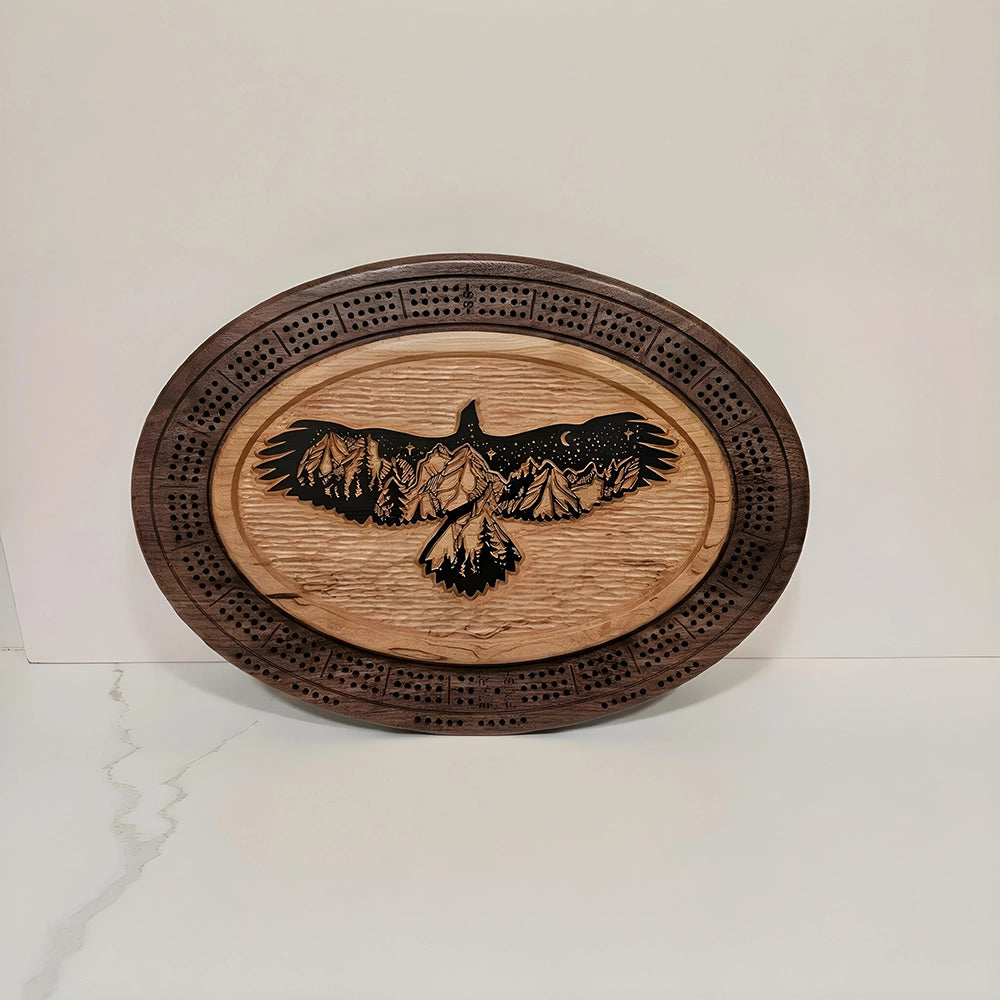 Eagle Cribbage Board  Handcrafted Wood Game with Mountain Landscape & Peg/Card Storage