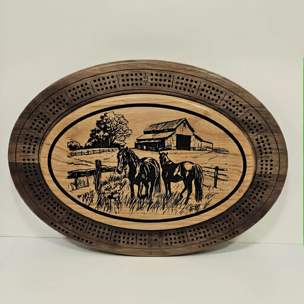 Handcrafted Horse Farm Cribbage Board, Black Walnut, Cards & Pegs