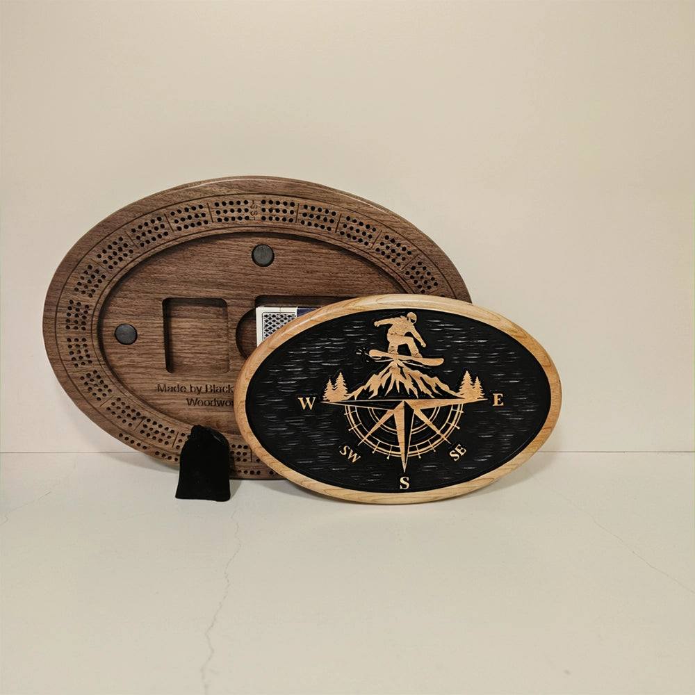 Snowboarder Cribbage Board & Compass Plaque  Handmade Wood Game Set with Mountain Landscape, Card Storage