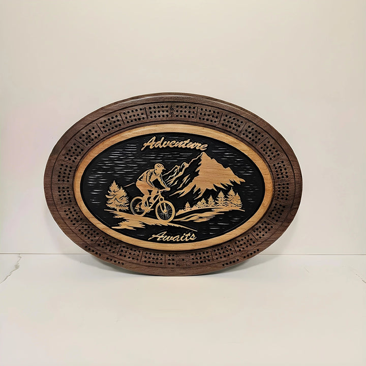 Handmade Mountain Biker Cribbage Board, Scenic Wood Engraving