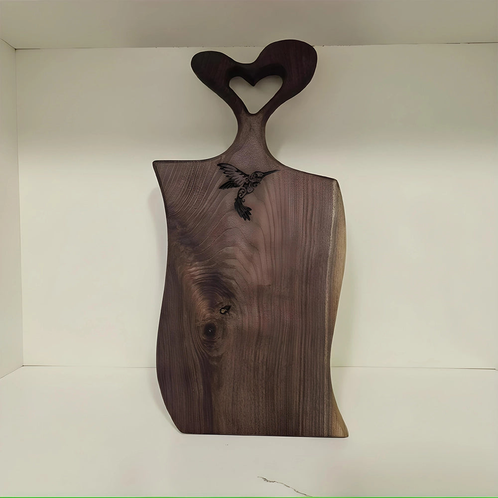 Hummingbird engraved, Heart Handle Cutting, charcuterie Board