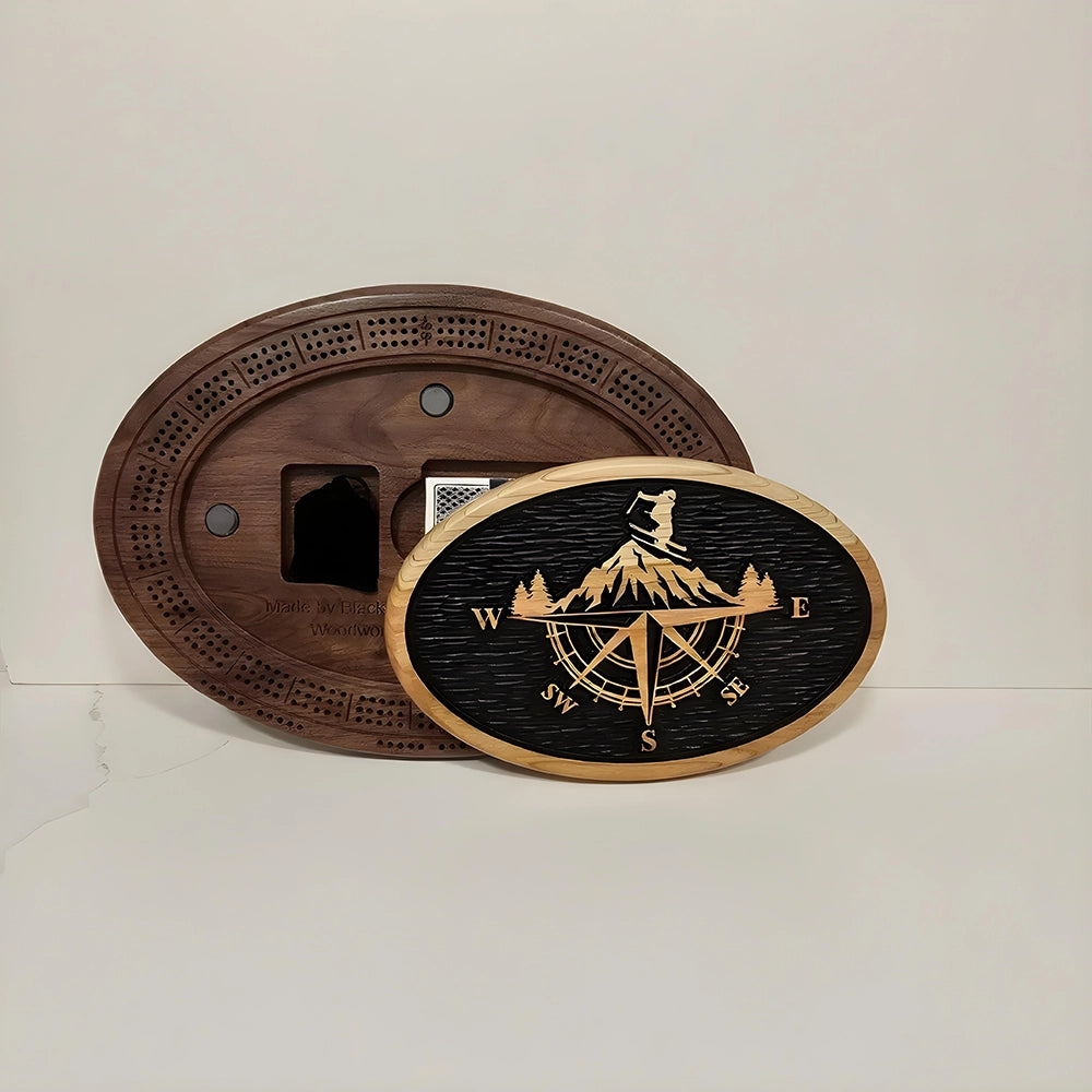 Skier Cribbage Board & Compass Plaque  Handmade Wood Game Set with Mountain Landscape, Card Storage