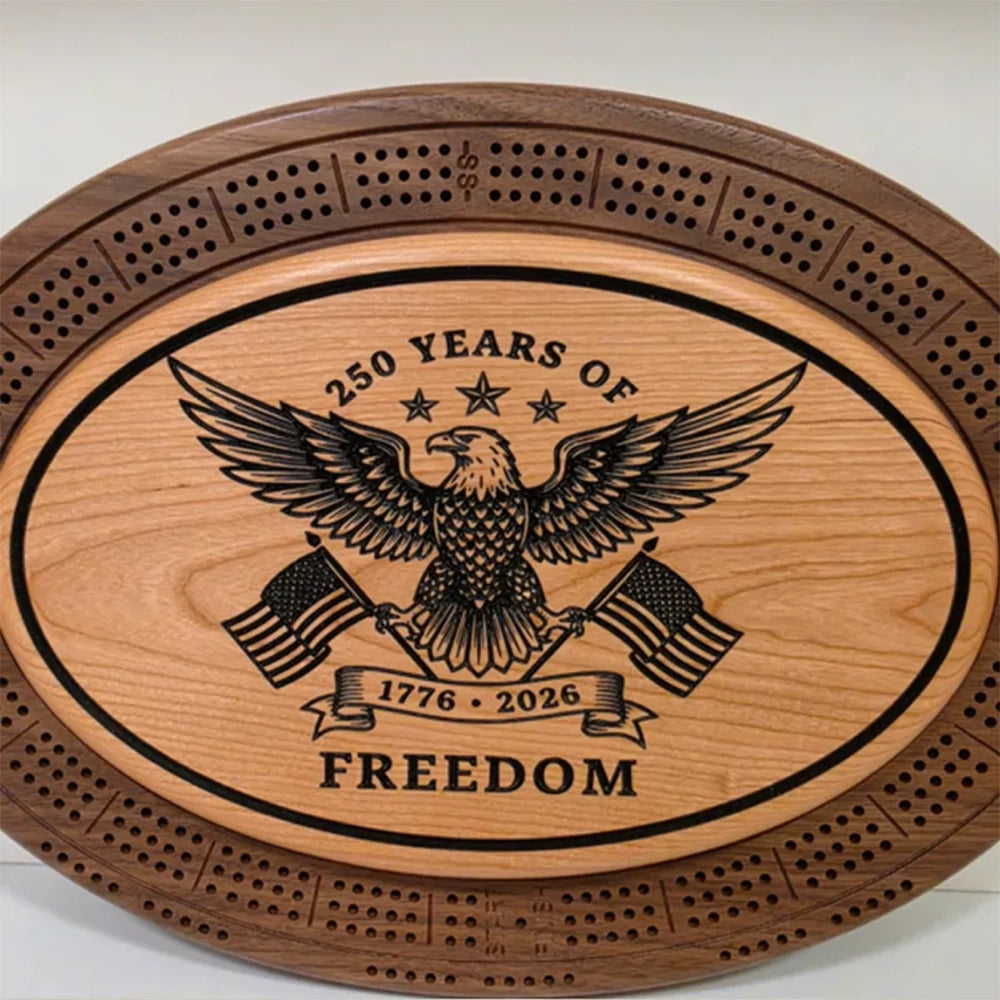 250 Years of Freedom Cribbage Board, Patriotic Eagle Crib Board, USA Flag Gift, 1776 2026 Anniversary, Handmade Wooden Cribbage Set