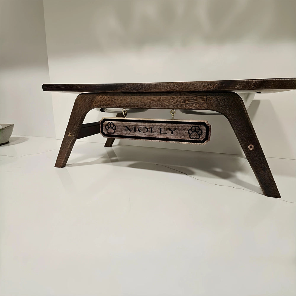 Walnut Dog Bowl Feeder Stand with Stainless Bowls