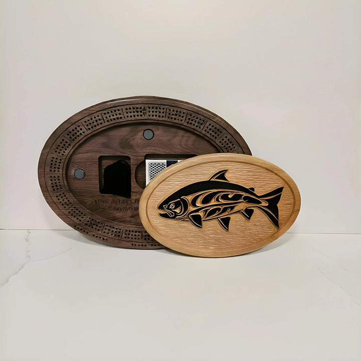 Handcrafted Native Salmon Cribbage Board, Walnut and Cherry Wood