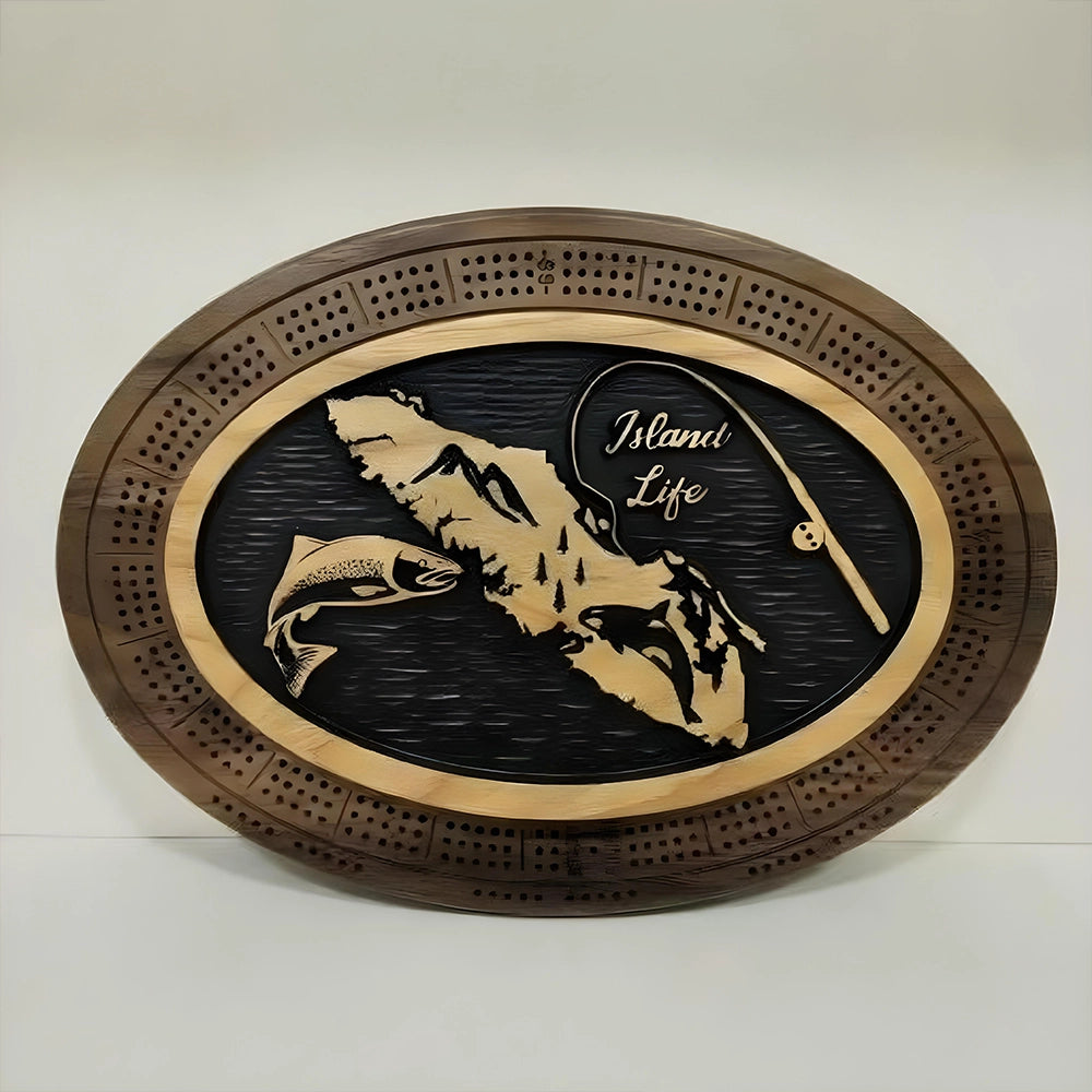 Vancouver Island Cribbage Board – Fish, Fishing Rod & Orca Engraving