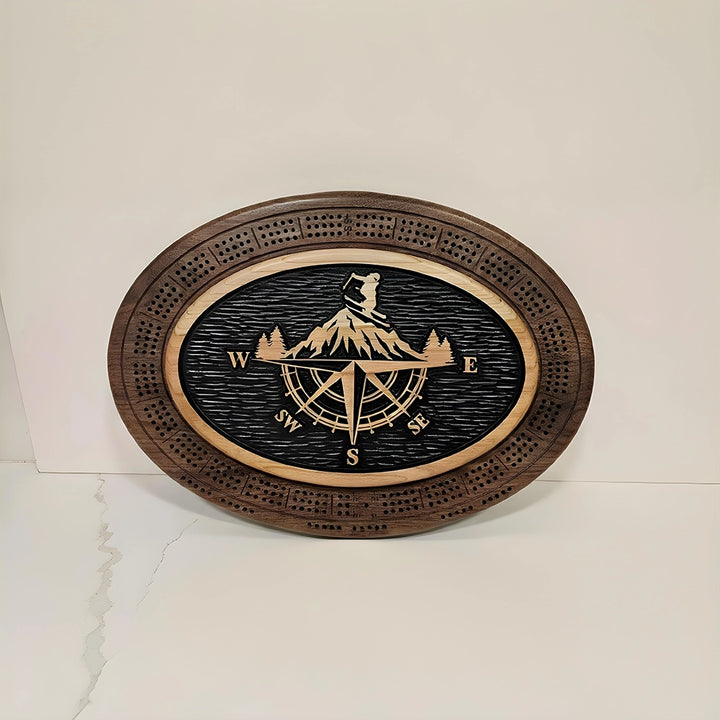 Skier Cribbage Board & Compass Plaque – Handmade Wood Game Set with Mountain Landscape