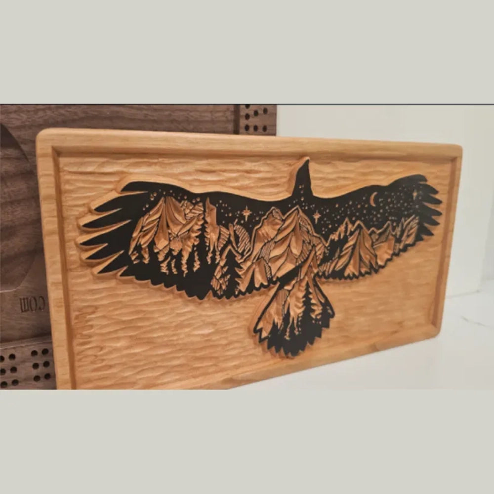 Eagle Cribbage Board – Handcrafted Wood Game with Mountain Landscape & Peg/Card Storage