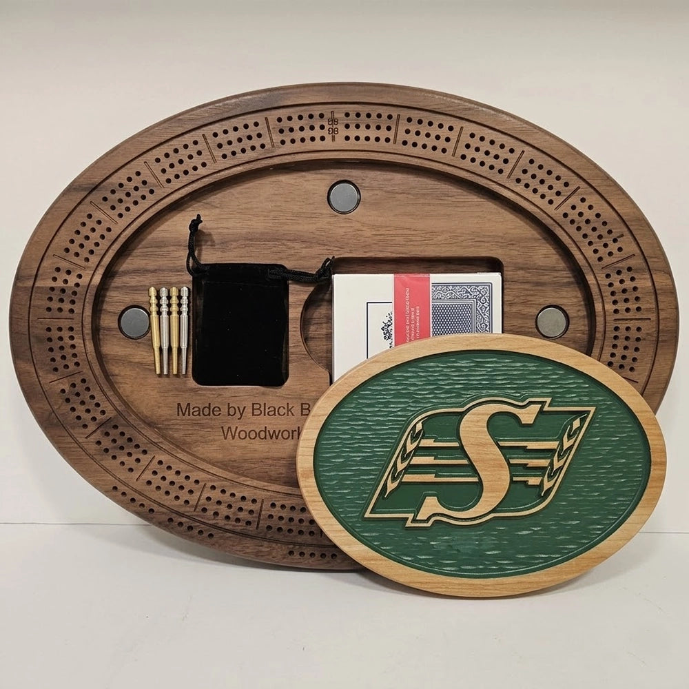 Handcrafted Saskatchewan Roughriders Cribbage Board