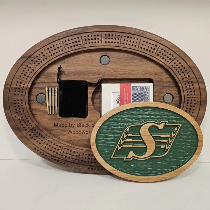 Handcrafted Saskatchewan Roughriders Cribbage Board