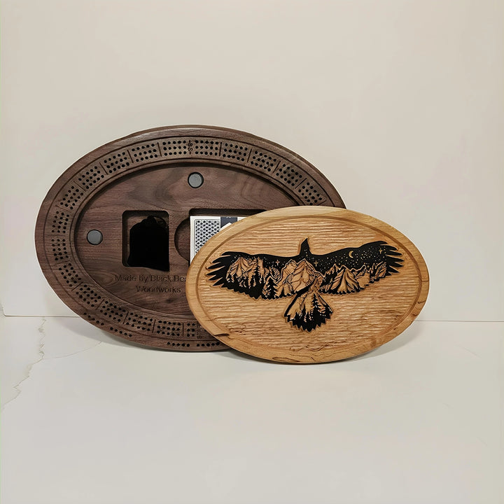Eagle Cribbage Board  Handcrafted Wood Game with Mountain Landscape & Peg/Card Storage