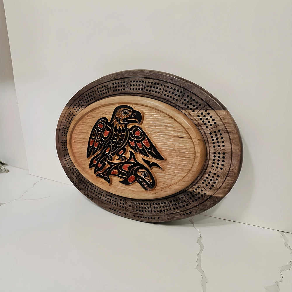 Handcrafted Eagle with salmon Cribbage Board, Functional Art
