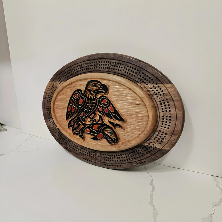 Handcrafted Eagle with salmon Cribbage Board, Functional Art