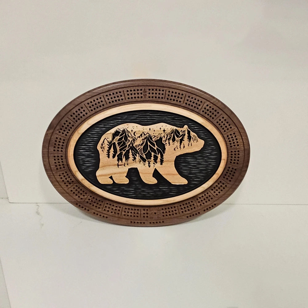 Bear Cribbage Board & Mountain Plaque  Handcrafted Wood Game Set