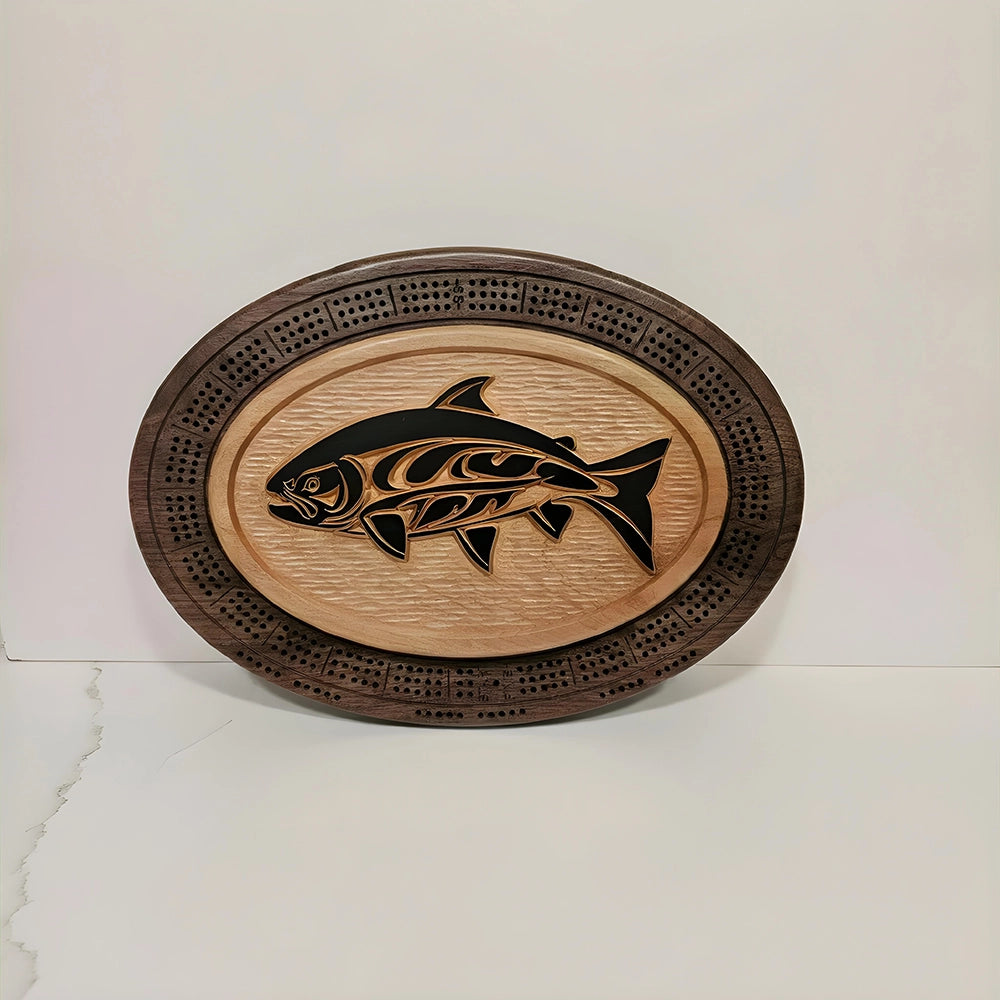 Native Salmon Cribbage Board Handcrafted Wood Game with Indigenous Art & Magnetic Card Storage