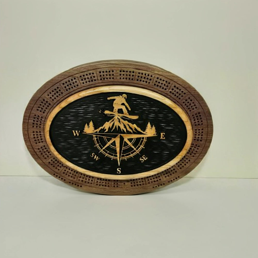 Snowboarder Cribbage Board & Compass Plaque  Handmade Wood Game Set with Mountain Landscape, Card Storage