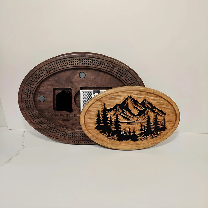 Handmade Mountain Scene Wood Cribbage Board with Card Storage
