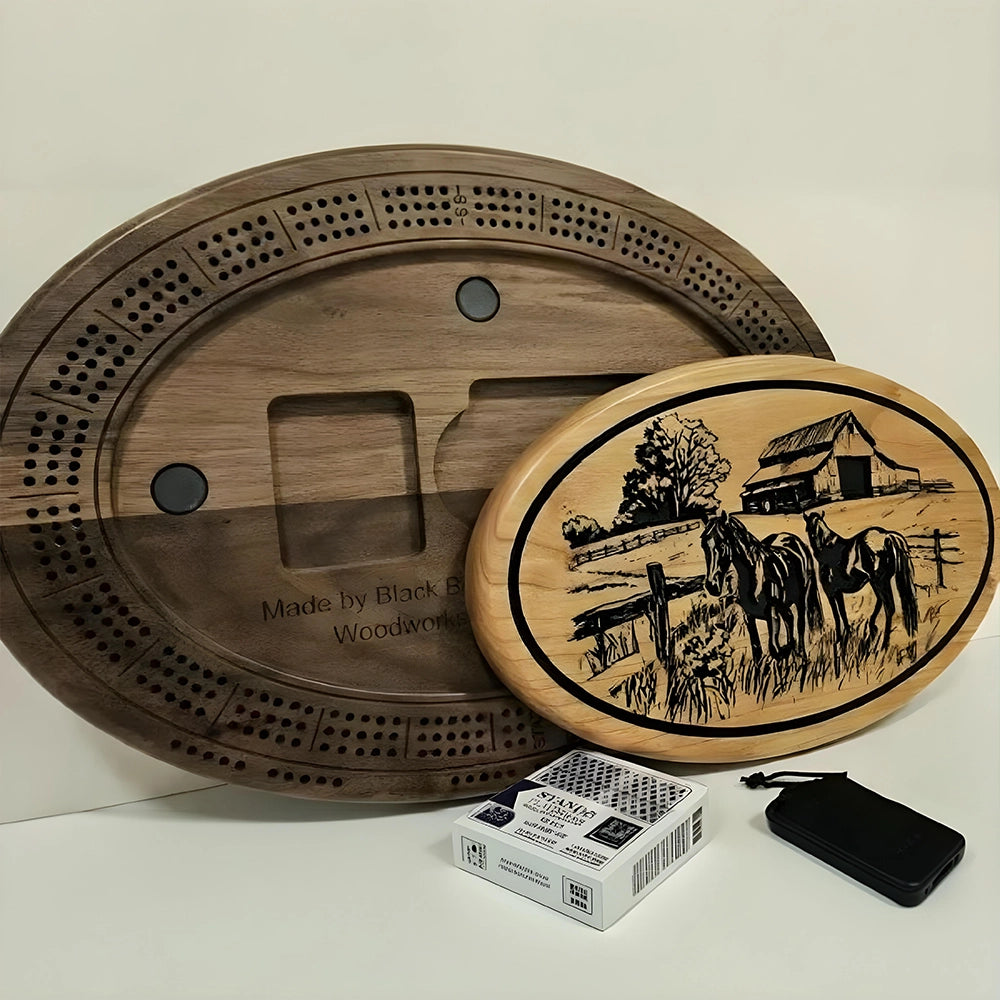 Handcrafted Horse Farm Cribbage Board, Black Walnut, Cards & Pegs