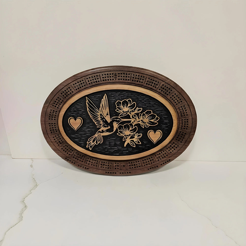 Hummingbird Cribbage Board & Floral Plaque  Handcrafted Wood Game Set with Heart Engraving, Card Storage