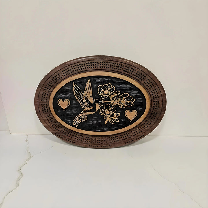 Hummingbird Cribbage Board & Floral Plaque  Handcrafted Wood Game Set with Heart Engraving, Card Storage
