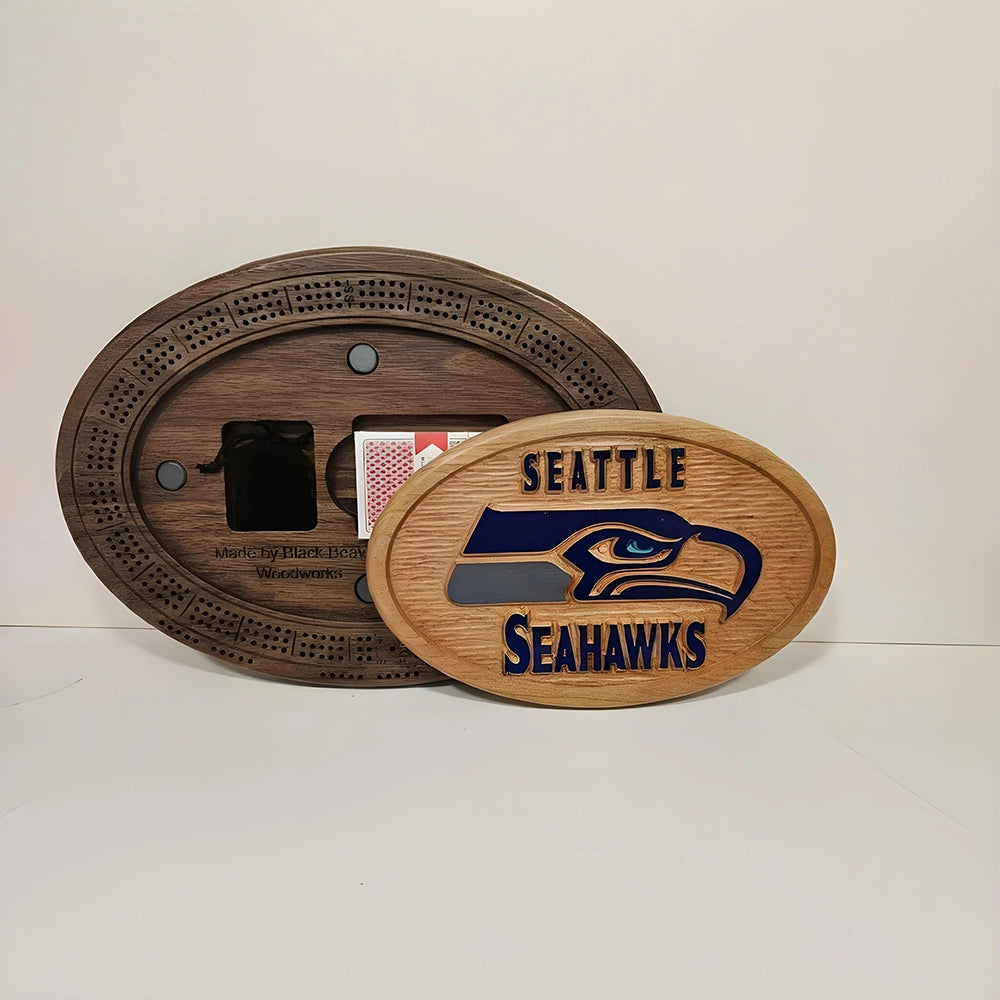 Handcrafted Seattle Seahawks Cribbage Board  Wood Game Set