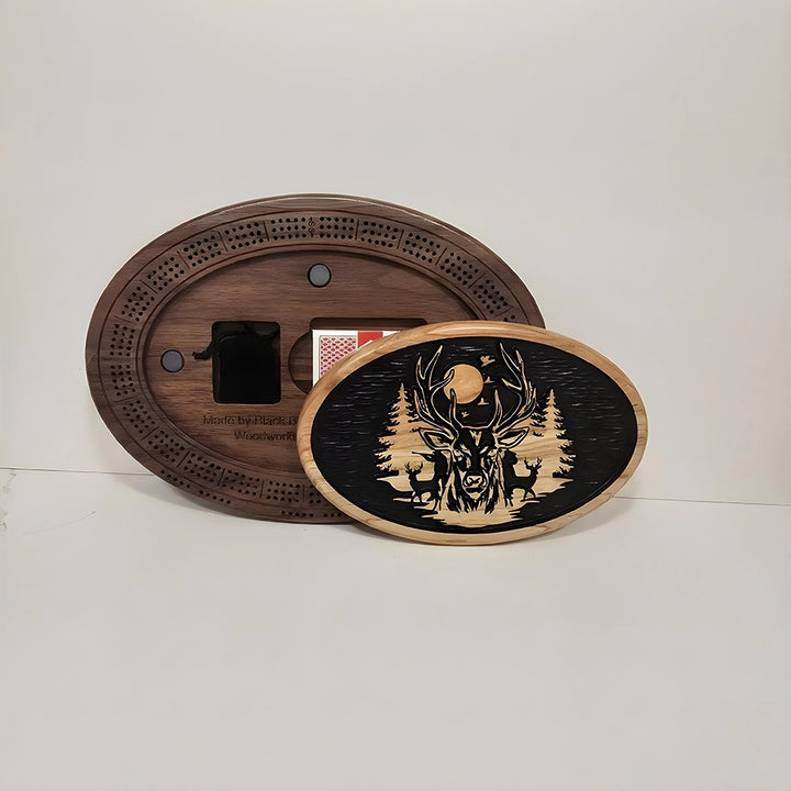 Handcrafted Deer Cribbage Board  Moonlit Forest Wood Game