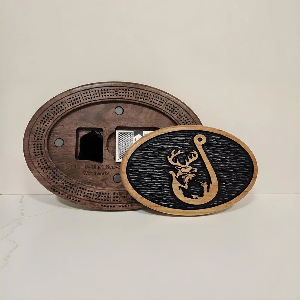 Handcrafted Fishing Hook Cribbage Board Wildlife Engraved Wood Game