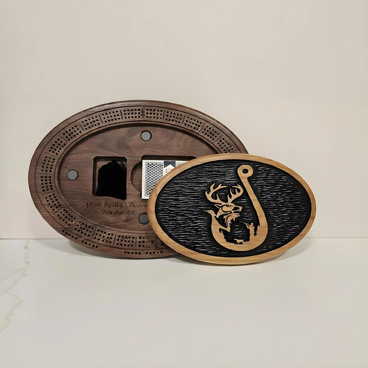 Handcrafted Fishing Hook Cribbage Board Wildlife Engraved Wood Game