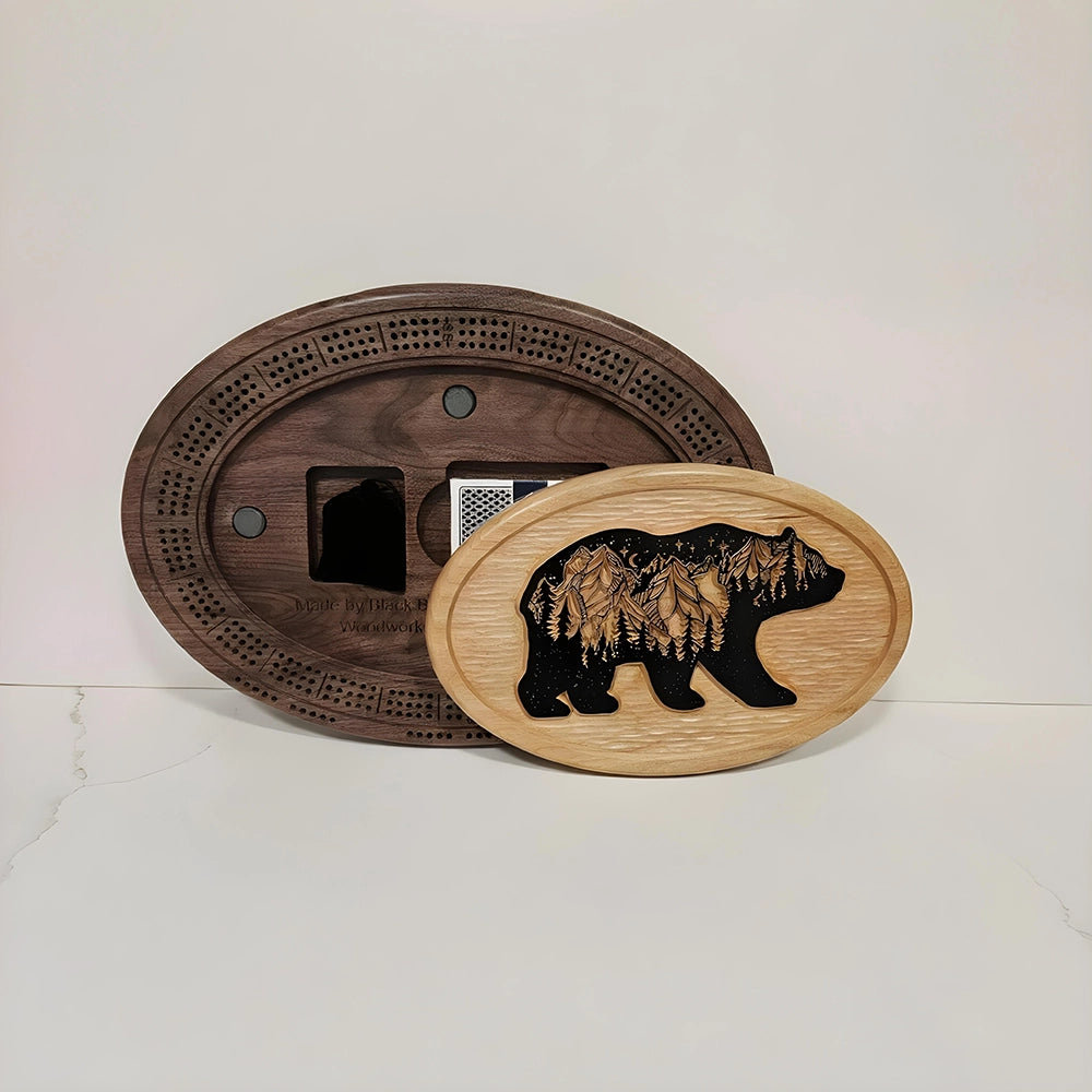 Handmade Walnut Bear Cribbage Board - Rustic Landscape Plaque
