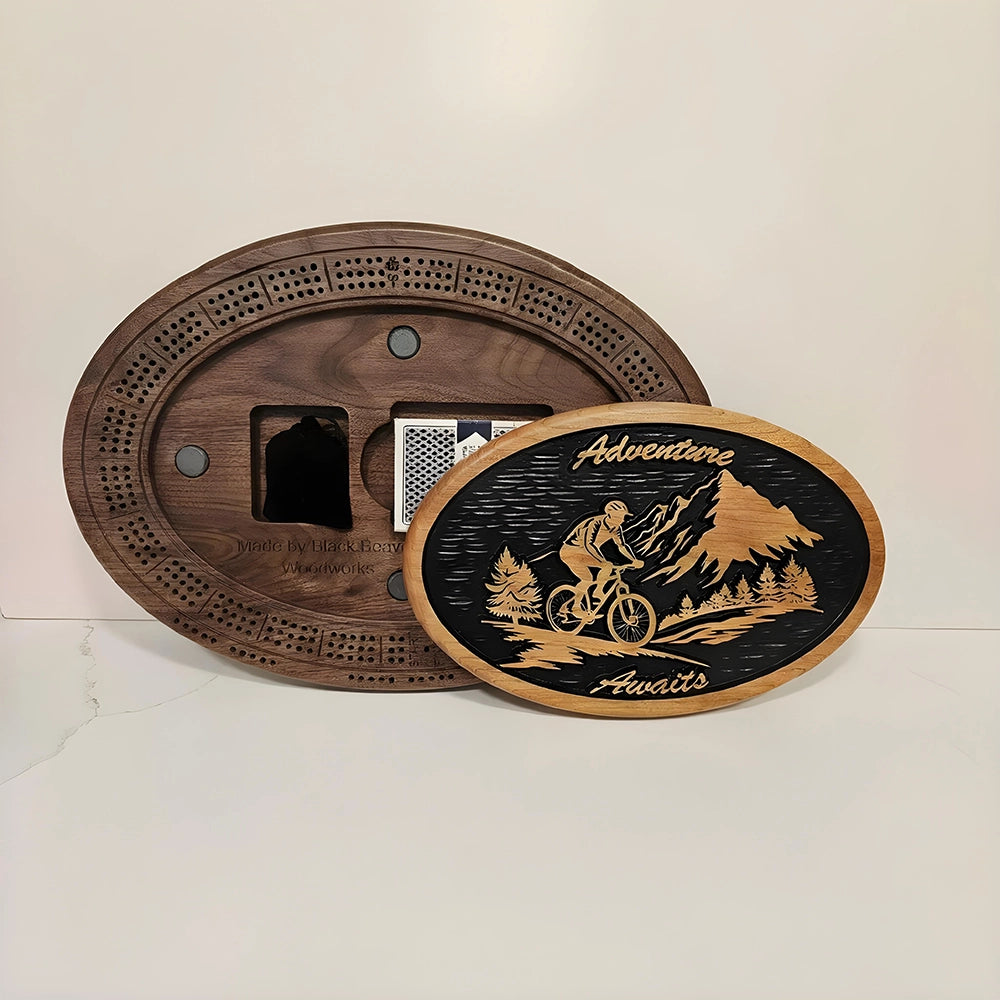 Mountain Biker Cribbage Board – Scenic Wood Engraving, Handmade