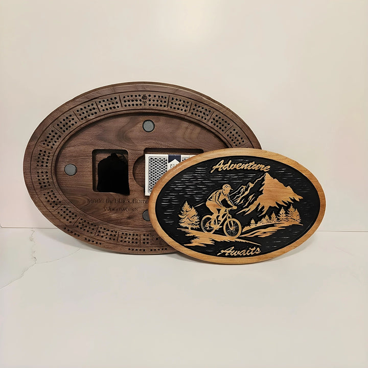 Handmade Mountain Biker Cribbage Board, Scenic Wood Engraving