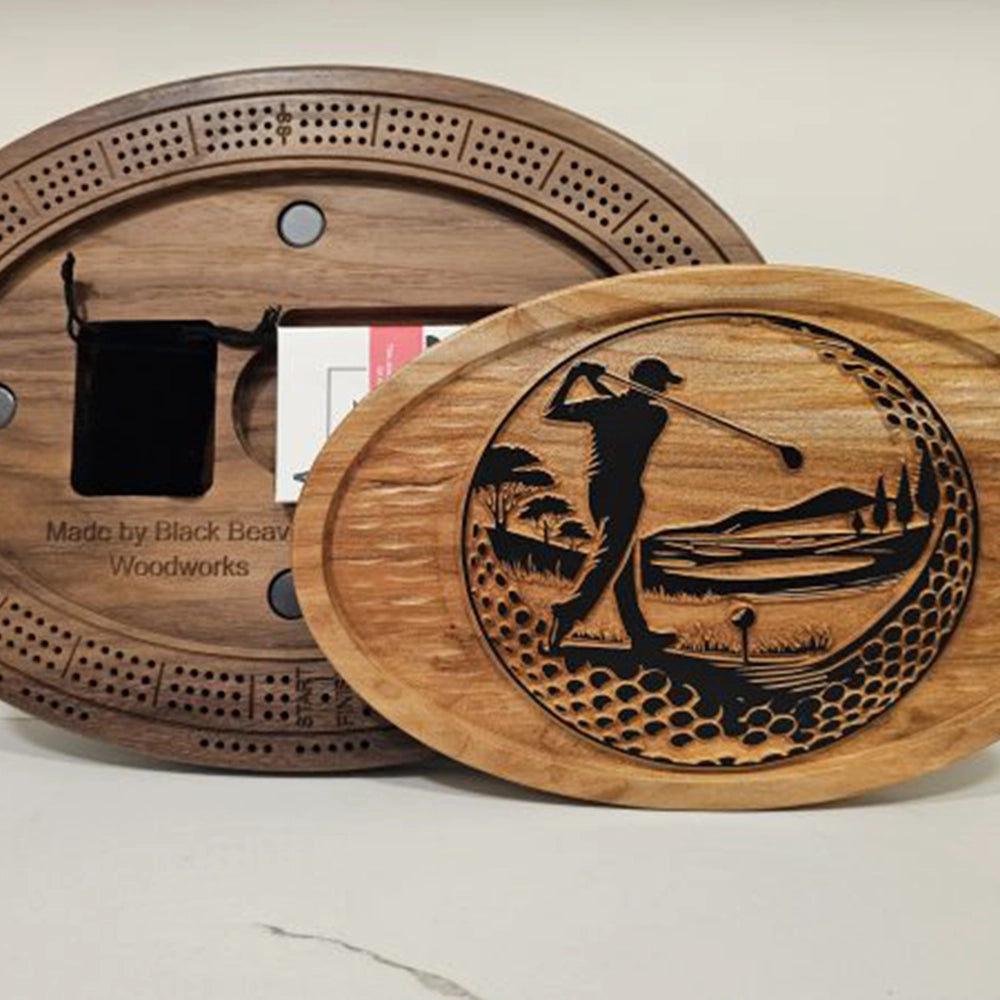Golf Cribbage Board & Mountain Plaque  Handcrafted Wood Game Set with Golfer Engraving, Card Storage