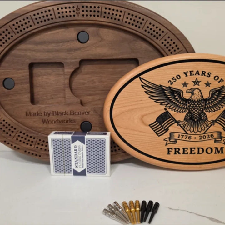 250 Years of Freedom Cribbage Board, Patriotic Eagle Crib Board, USA Flag Gift, 1776 2026 Anniversary, Handmade Wooden Cribbage Set