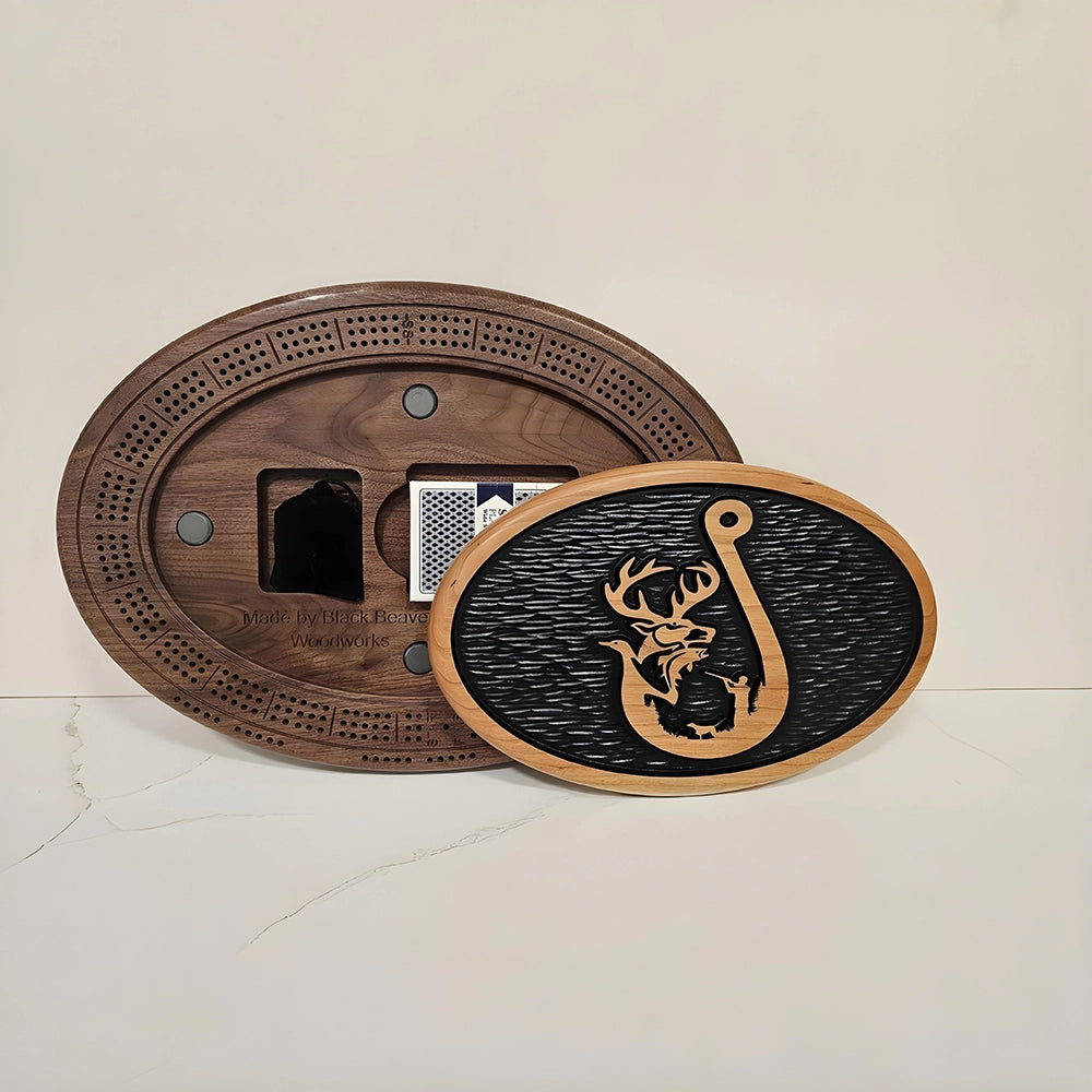 Handcrafted Fishing Hook Cribbage Board Wildlife Engraved Wood Game