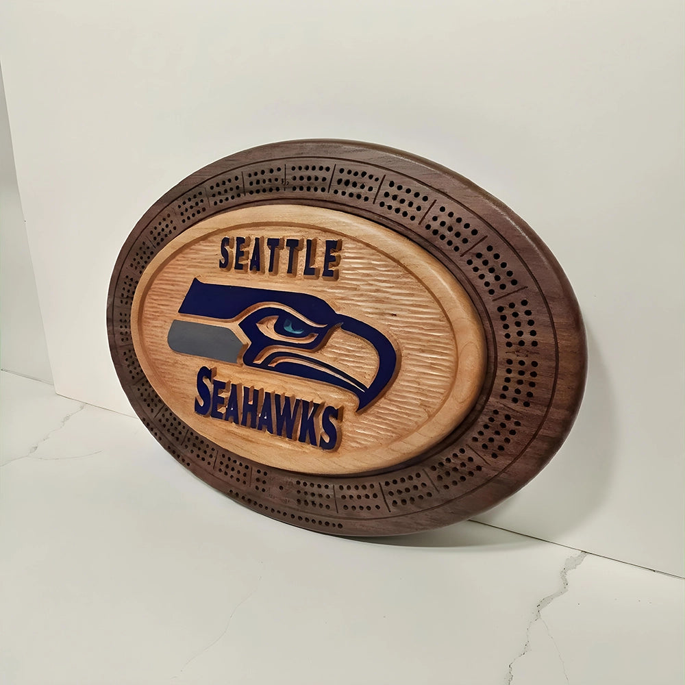 Handcrafted Seattle Seahawks Cribbage Board  Wood Game Set