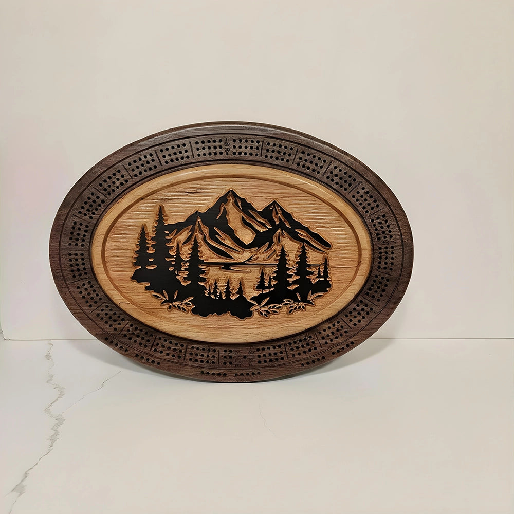 Handmade Mountain Scene Wood Cribbage Board with Card Storage