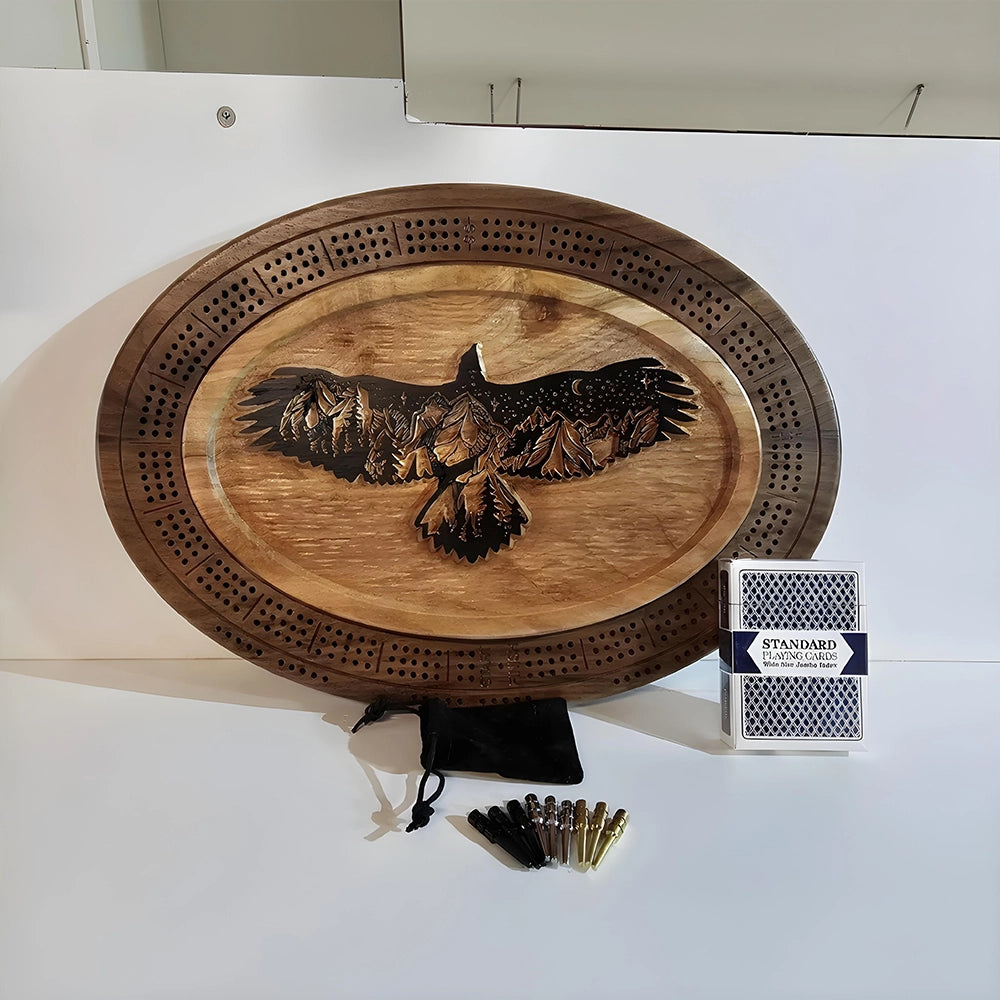Eagle Cribbage Board  Handcrafted Wood Game with Mountain Landscape & Peg/Card Storage