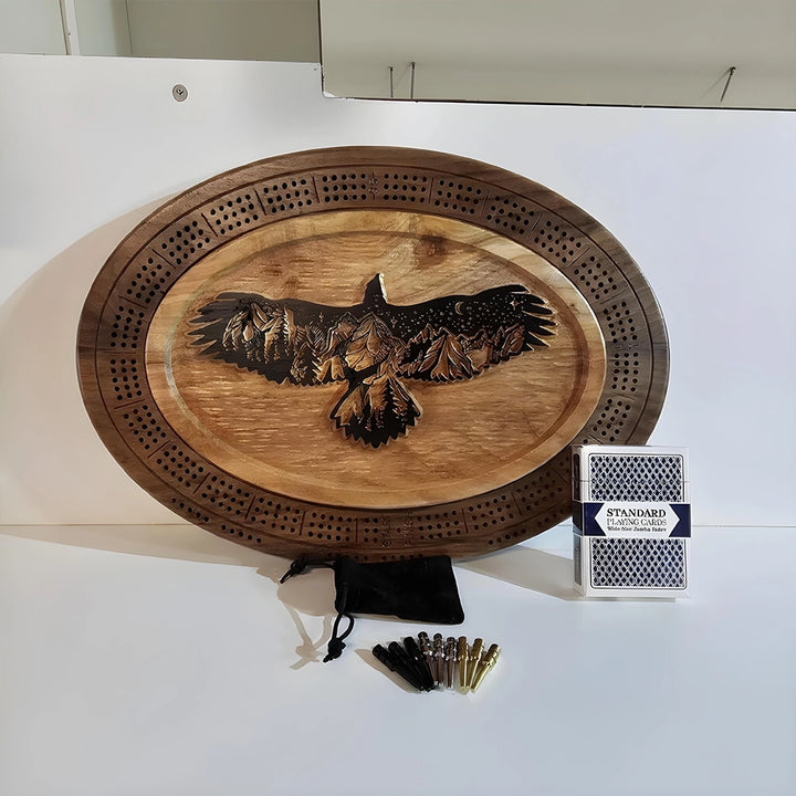 Eagle Cribbage Board  Handcrafted Wood Game with Mountain Landscape & Peg/Card Storage